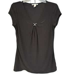 White House Black Market Black Ring Accent V-Neck Cap Sleeve Top Small